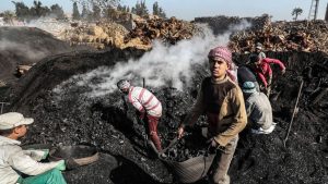 عمال مصريون يعملون في مصنع فحم في محافظة الشرقية في منطقة الدلتا الخصبة ، شمال القاهرة ، مصر ، 29 يناير 2020.